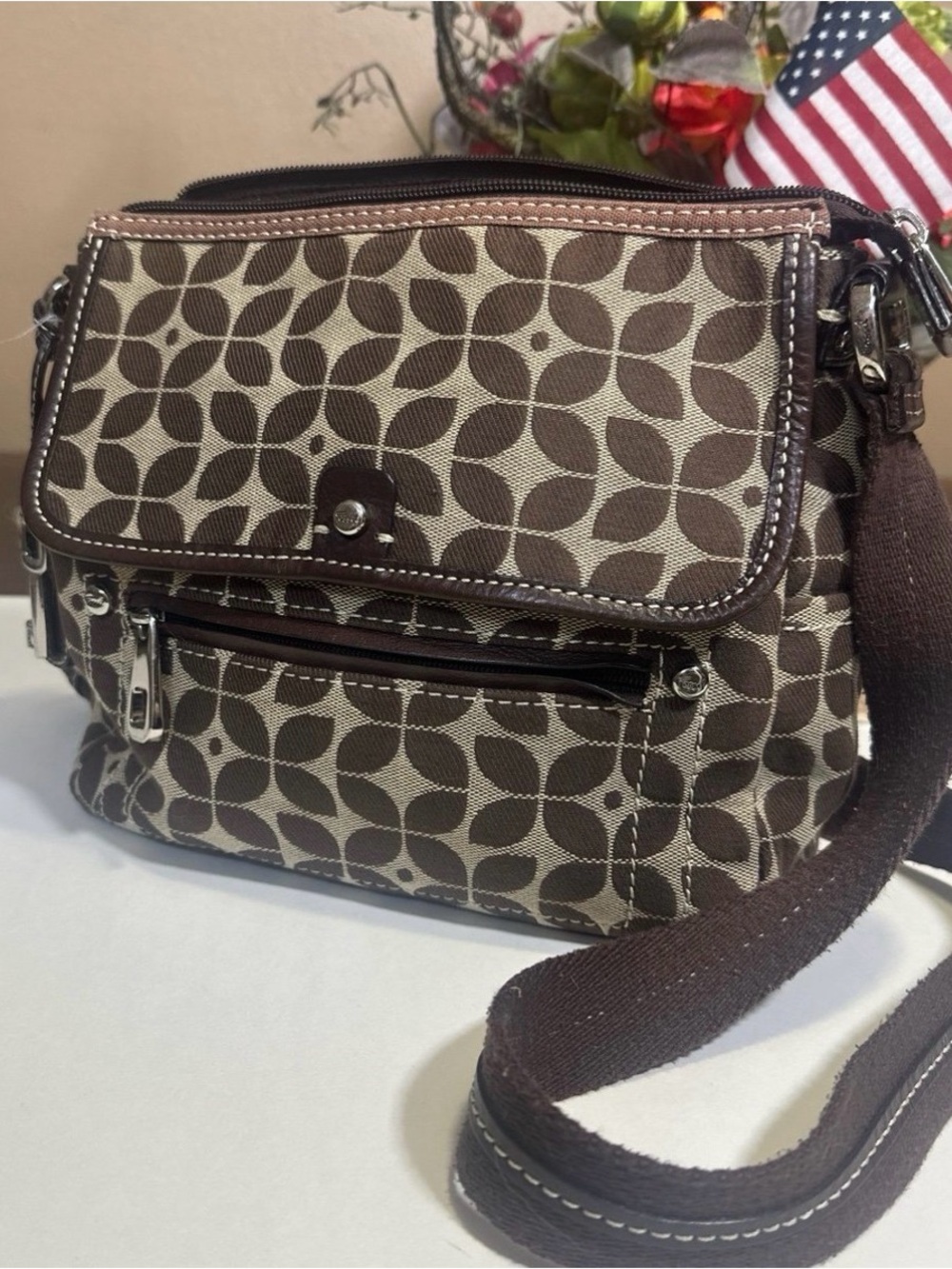 Fossil Brown Patterned Canvas with Red Purse